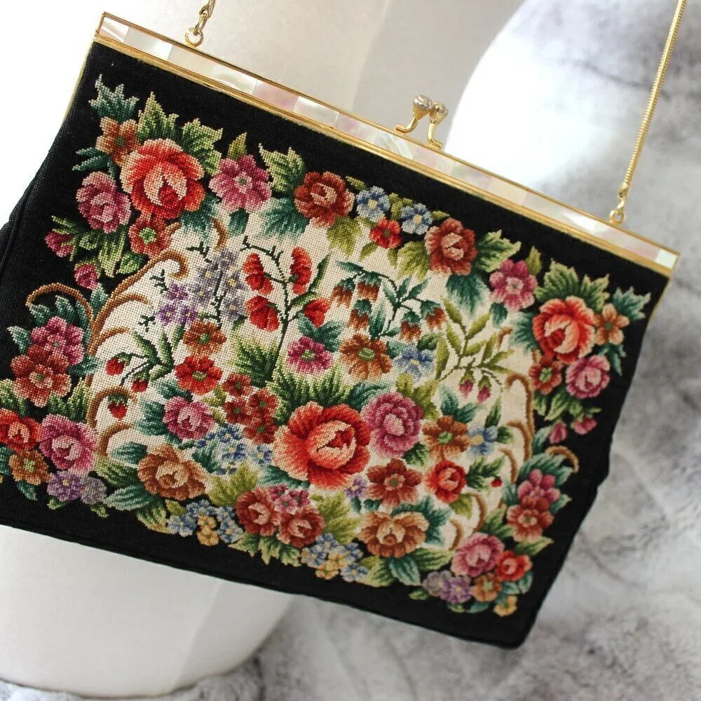 Vintage Style Petite Needlepoint Point Embroidery Handbag Gold Strap Purse